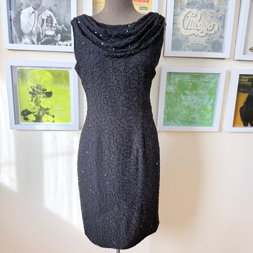 Vintage 90s Black Beaded Cocktail Dress – 90s Minimal Glam Mini